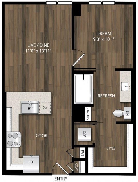Floor plan for 1 bed, 1 bath, 619 sqft